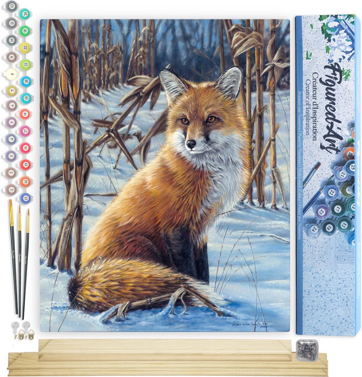 FiguredArt Schilderen op Nummer Volwassenen canvas Vos in de sneeuw - Handwerk acrylverf Kit DIY Compleet - 40x50cm met DIY houten lijst